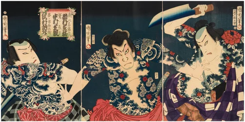 Die Kabuki-Schauspieler (von rechts nach links) Ichimura Kakitsu IV. als Asahina Tobei, Nakamura Shikan IV. als Washi ...